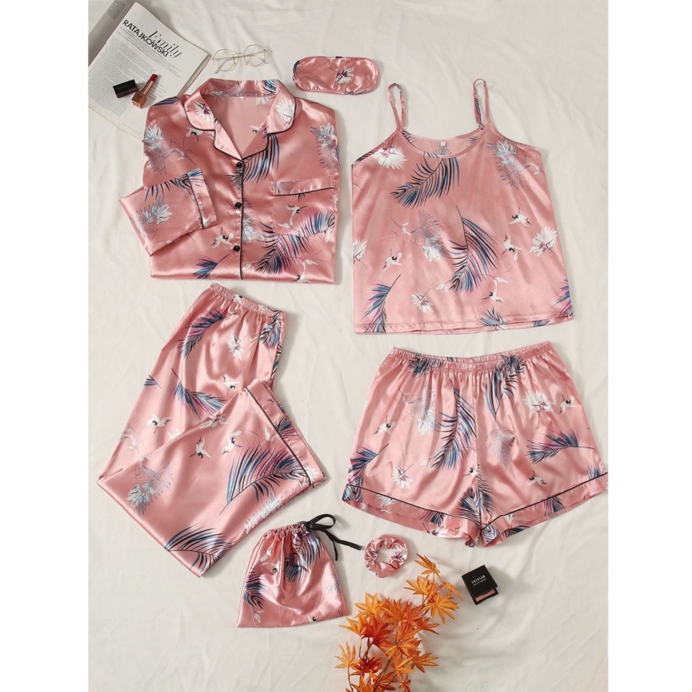 7 Piece Satin Pajama Set in Pink - Picture 9 of 16